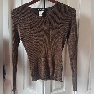 J.A.C. Metallic Ribbed V-Neck Sweater in Bronze